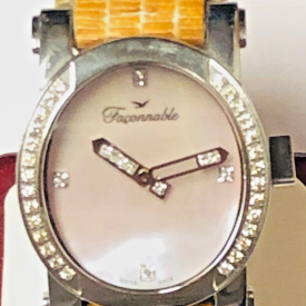 Faconnable Automatic Pink Mother Of Pearl Dial Diamond Bezel Leather Watch !!!