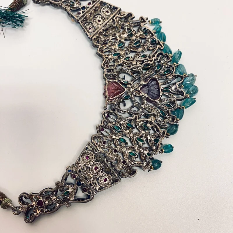 Antique Handmade Necklace and Earrings Diamond Tourmaline Ruby Emerald Sapphire