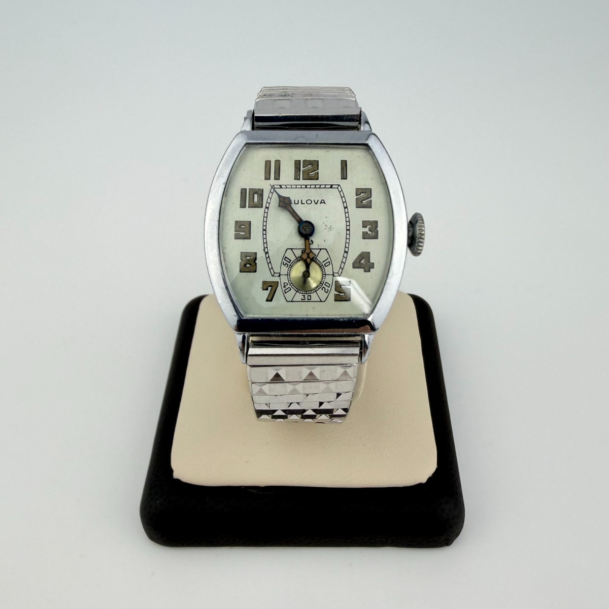 Vintage Bulova Tonneau Ladies Watch White Dial Arabic Numerals Speidel Bracelet