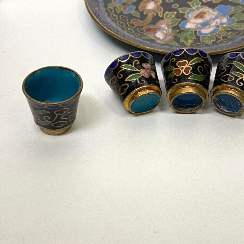 Cloisonne Enamel Chinese Miniature Tea Set Teapot Cups Tray Doll Child Blue