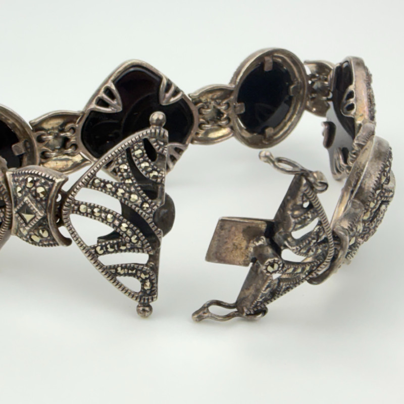 Sterling Silver Vintage Judith Jack Real Marcasite and Black Onyx Bracelet 7.5"
