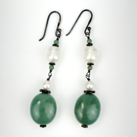 Vintage SX 925 THAI Pearls and Natural Green Round Beads Dangle Hook Earrings