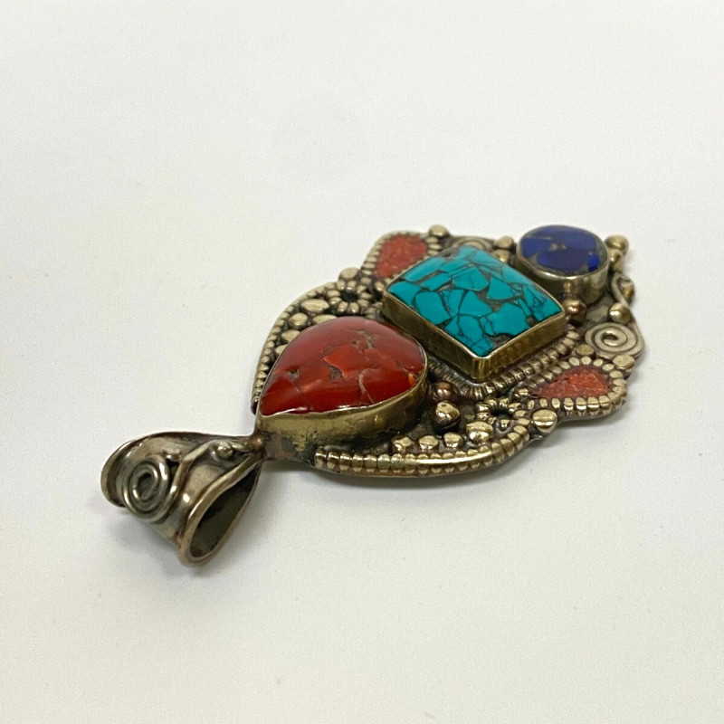 Old Brass Multicolor Stones Inserts Unique Pendant