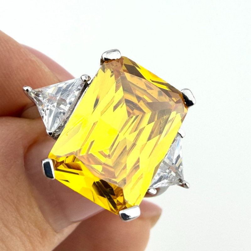 925 Silver Yellow CZ Stone Ring Emerald Cut Center Trillion Sides Sz 7