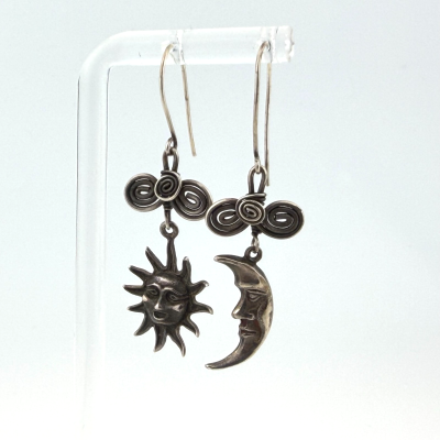 Handmade Sterling Silver Sun and Moon Face Earrings with Wire Spiral Details Handmade Sterling Silver Sun and Moon Face Earrings with Wire Spiral Details