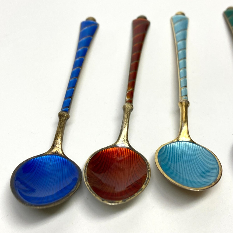 6 Demitasse Spoon Set Enamel Gilt Sterling Silver Ela Denmark