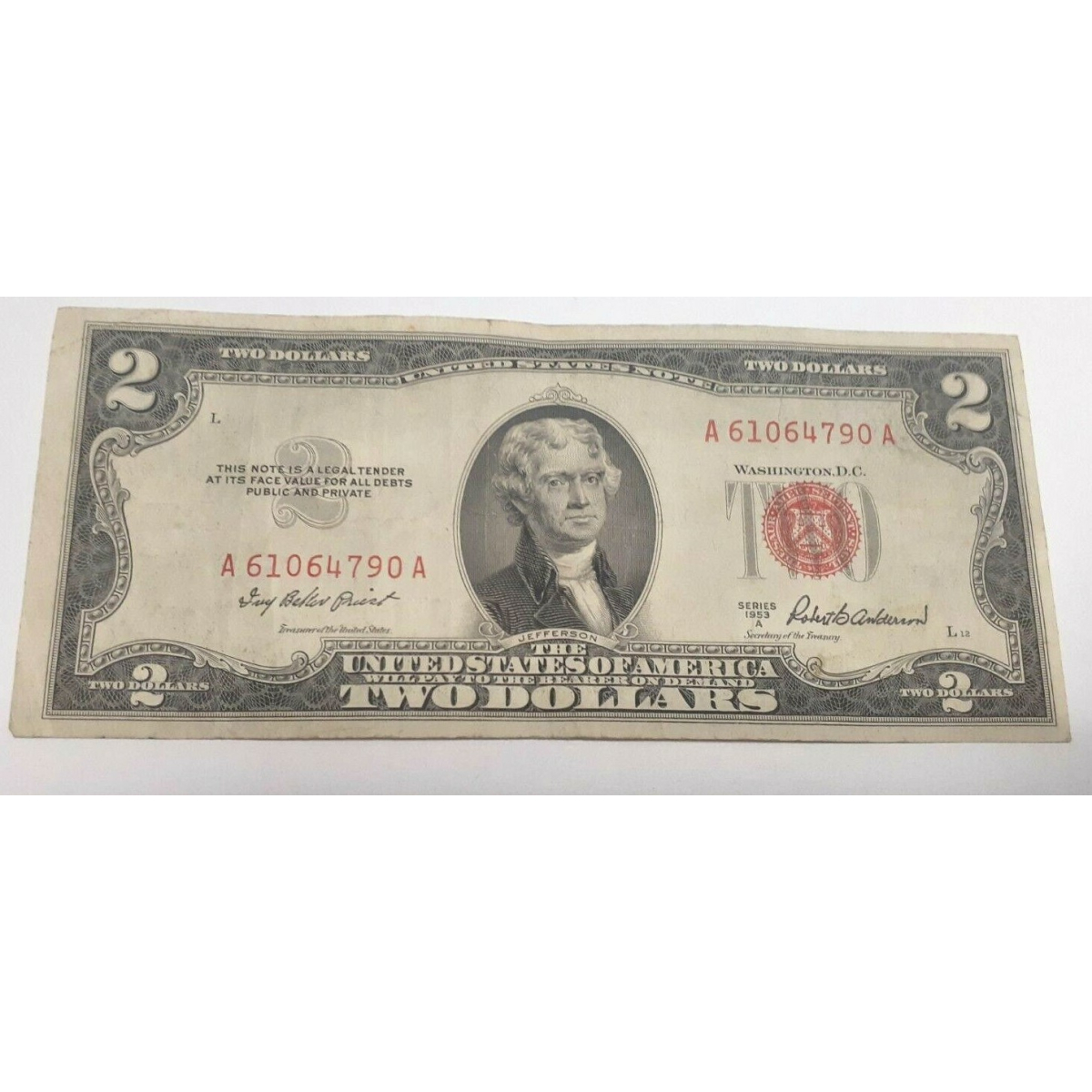 1953 A TWO DOLLAR BILL $2 NOTE /FANCY RED SEAL OLD PAPER US CURRENCY BILL