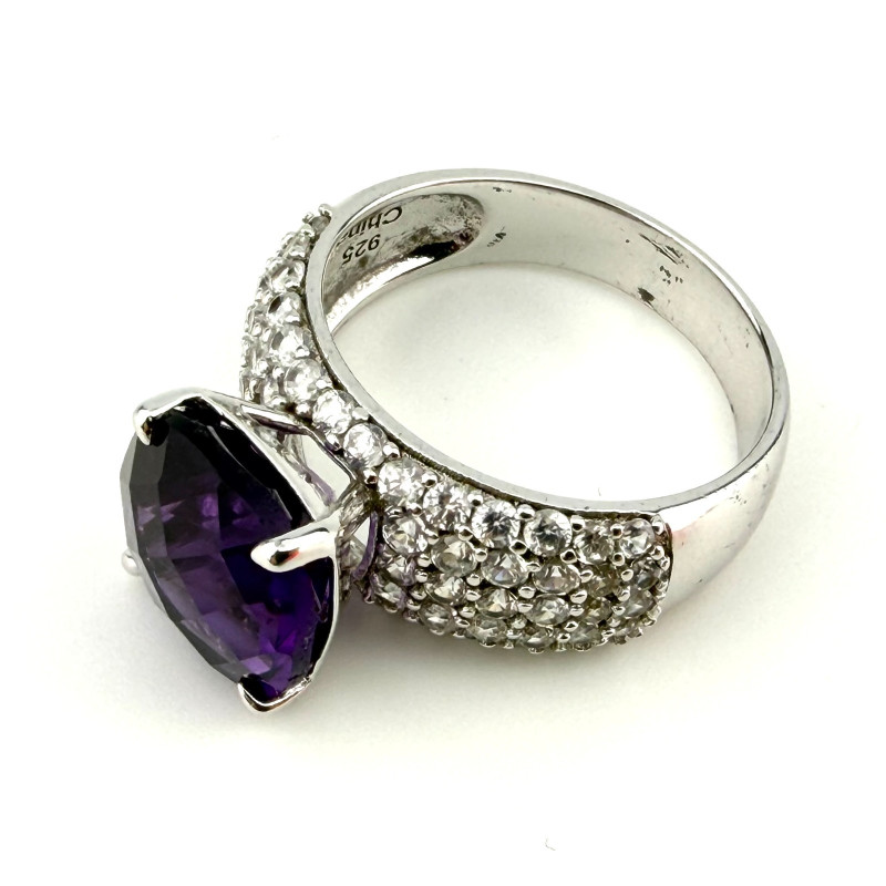925 Silver Ring Purple Amethyst and White Zircon,  Size 11