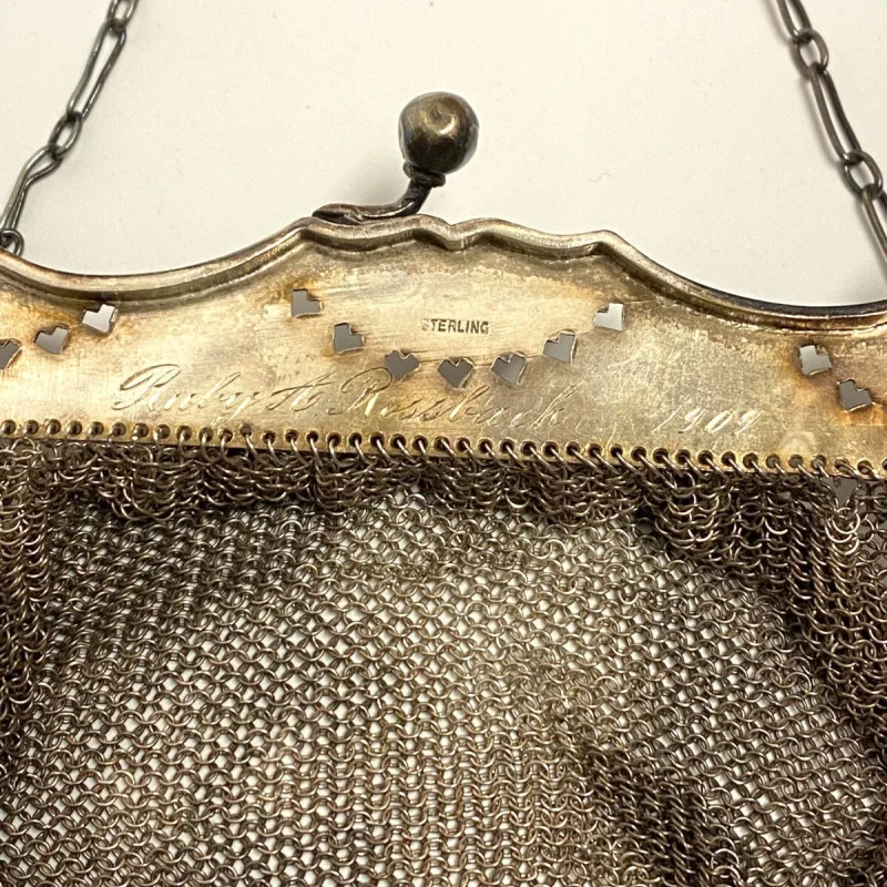 Antique Sterling Silver Mesh Purse - Ruby A Rossback 1909 Engraving