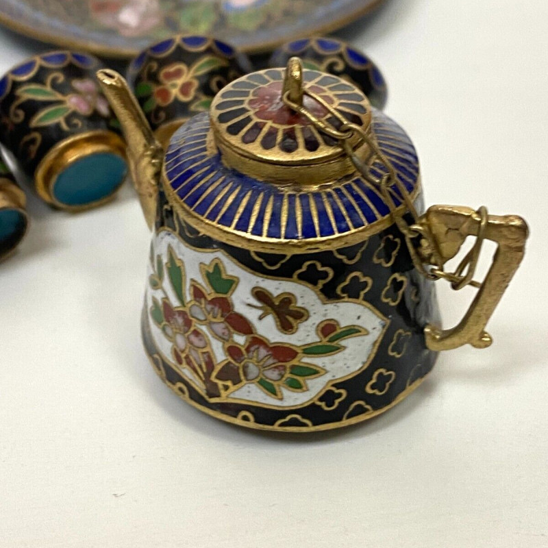 Cloisonne Enamel Chinese Miniature Tea Set Teapot Cups Tray Doll Child Blue