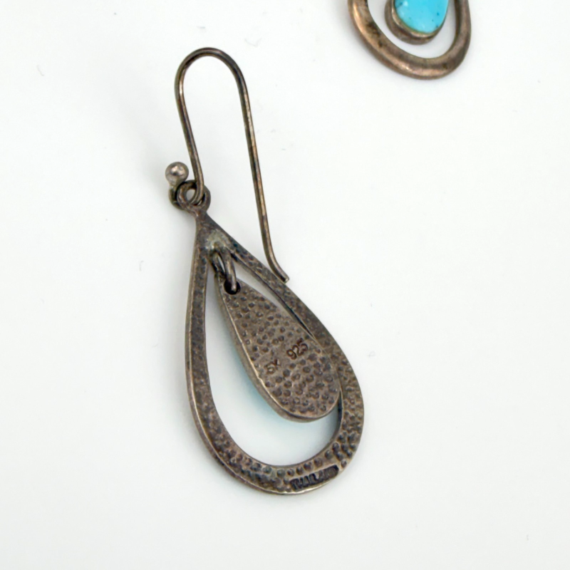 Vintage Sign Sterling SK Thailand Modern Teardrop Turquoise Drop Dangle Earrings