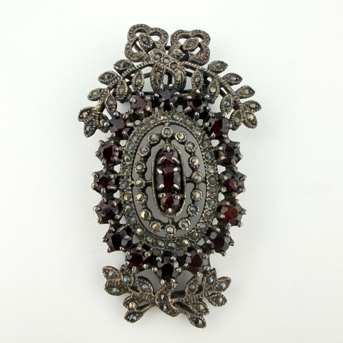 Vintage 925 Sterling Silver Marcasite & Garnet Convertible Pendant Brooch - Unbranded