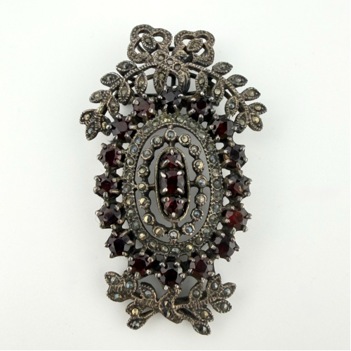 Vintage 925 Sterling Silver Marcasite & Garnet Convertible Pendant Brooch