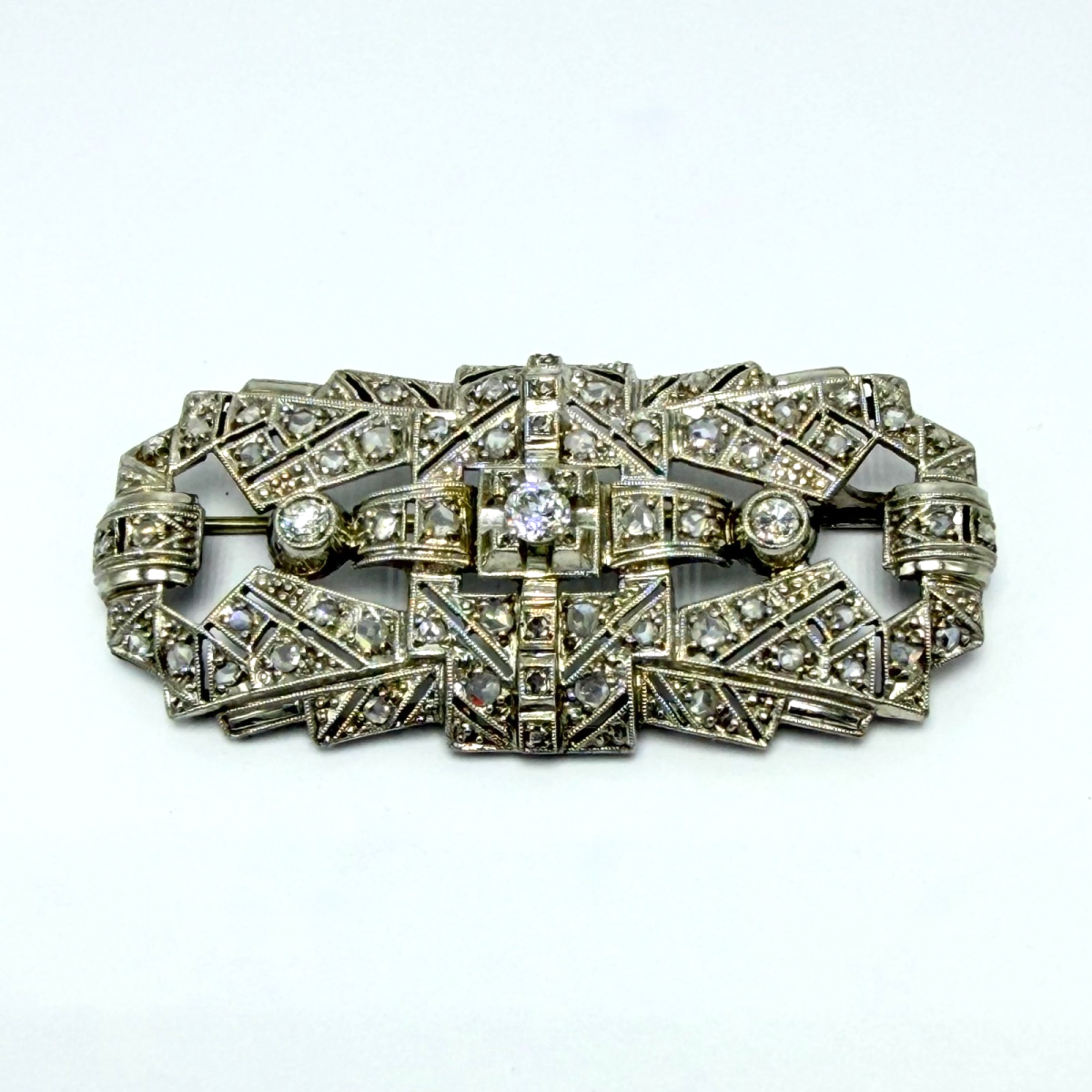 Vintage Art Deco Platinum Diamond Geometric Bar Brooch - Openwork Design - Unbranded