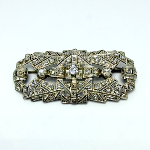 Vintage Art Deco Platinum Diamond Geometric Bar Brooch - Openwork Design