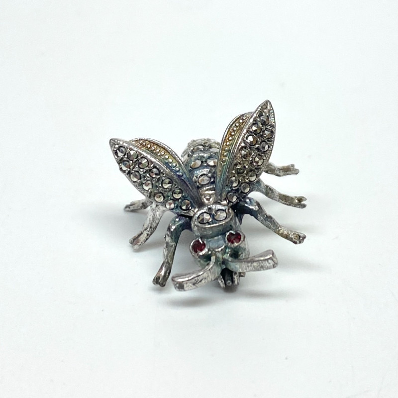 Alice Caviness Brooch Sterling Silver Rubies and Marcasite Grey Bumble Bee