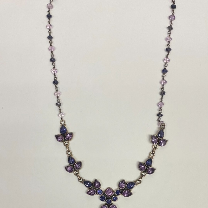 925 Sterling Silver Amethyst and Sapphires Drop Necklace - India 925 Sterling Silver Amethyst and Sapphires Drop Necklace - India
