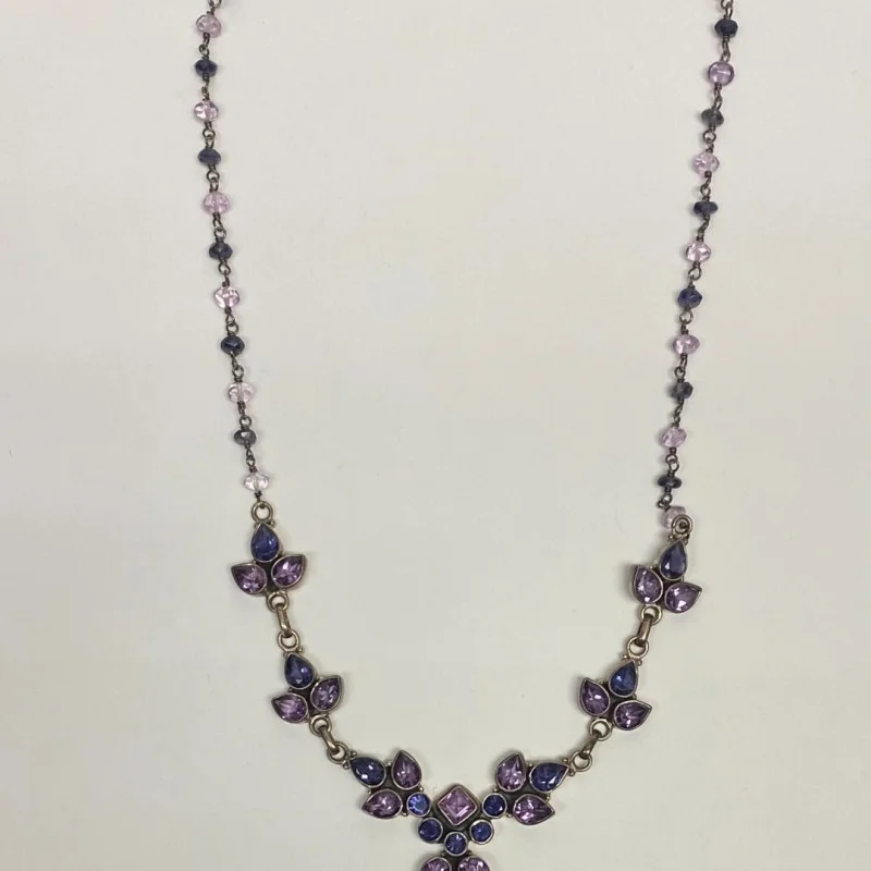 925 Sterling Silver Amethyst and Sapphires Drop Necklace - India