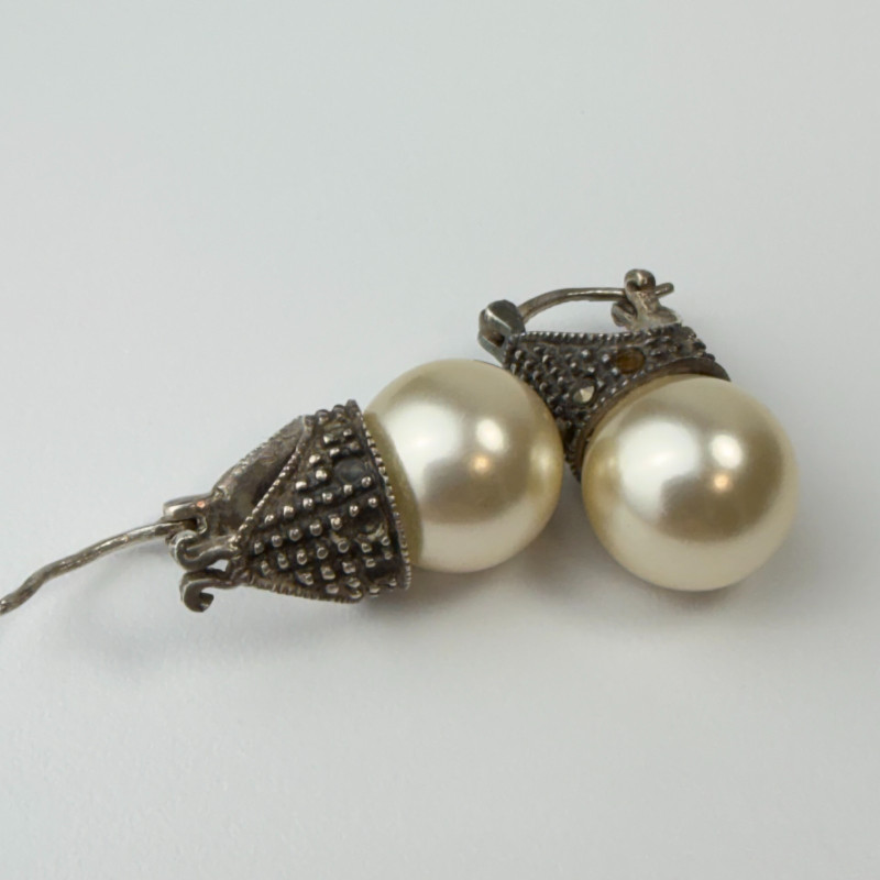 Vintage Marcasite And White Pearl Silver Earrings Pierced