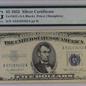  FR# 1655 $5 1953 SILVER CERTIFICATE(AA BLOCK)PRIEST/HUMPHREY SNA53193452A 