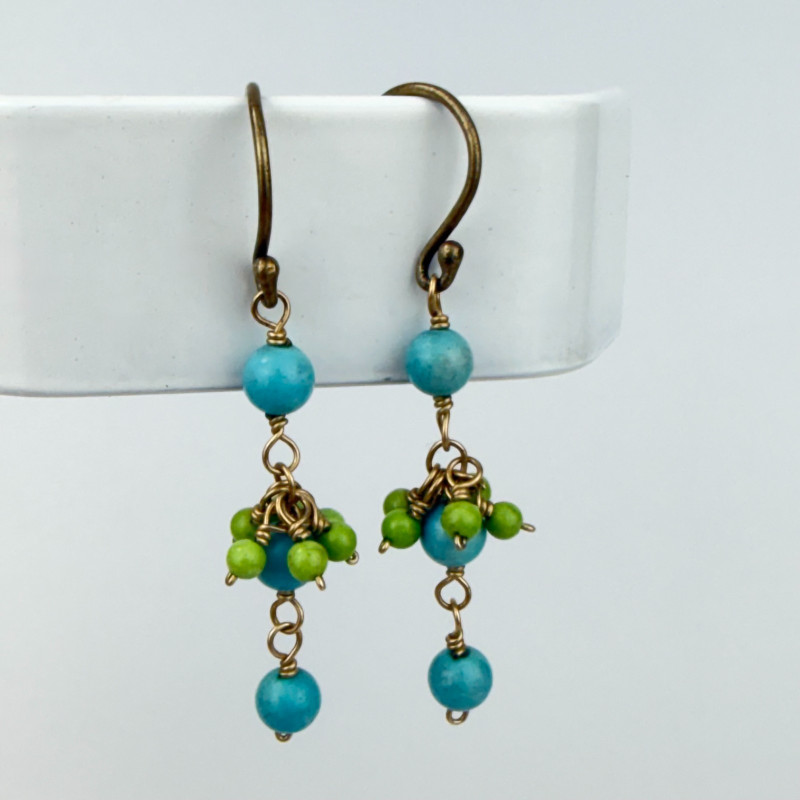 Gold Tone Aqua Blue & Light Green Chandelier Earrings Custom Jewelry