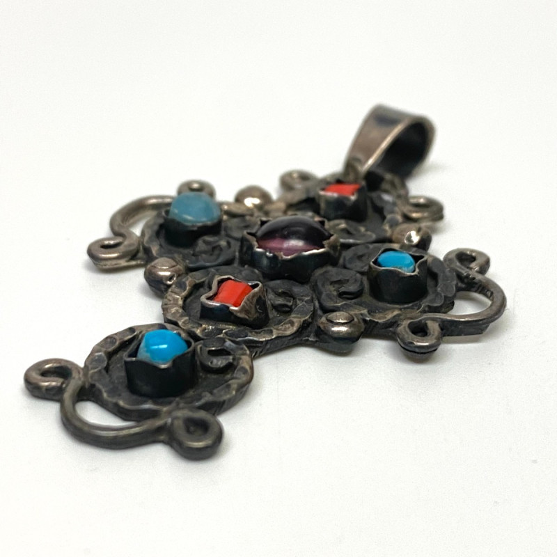 Mexico 825 Silver Amethyst Coral & Turquoise Pendant