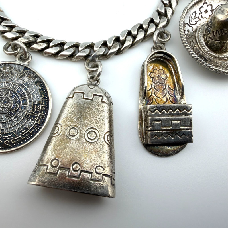 Vintage Sterling Silver Castelan Mexico Charm Link Southwestern Bracelet, 7”