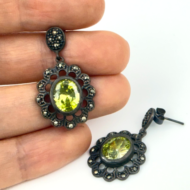 Dee Berkley Jewelry Co. Sterling Silver Oval Cut Peridot and Marcasite Earrings