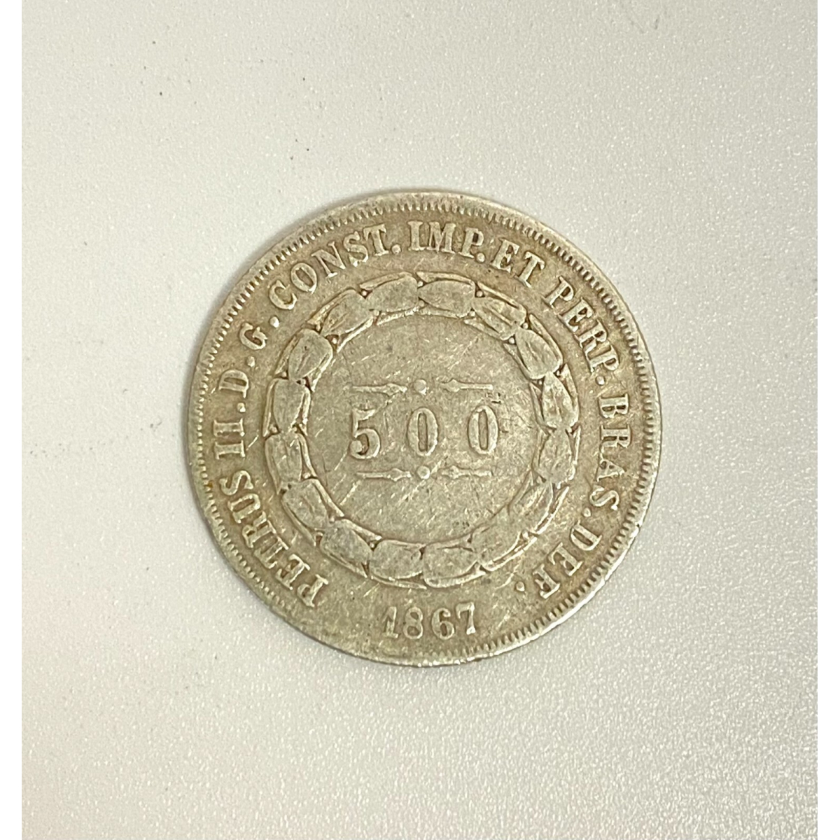 1867 Brazil 500 Reis, Old World Silver Coin