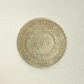 1867 Brazil 500 Reis, Old World Silver Coin