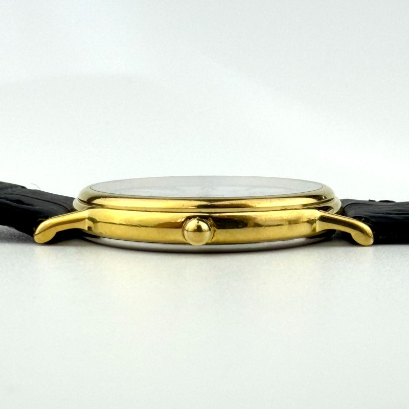 Vintage Movado Ladies Gold Plated Dress Watch Black Leather Strap Swiss Quartz