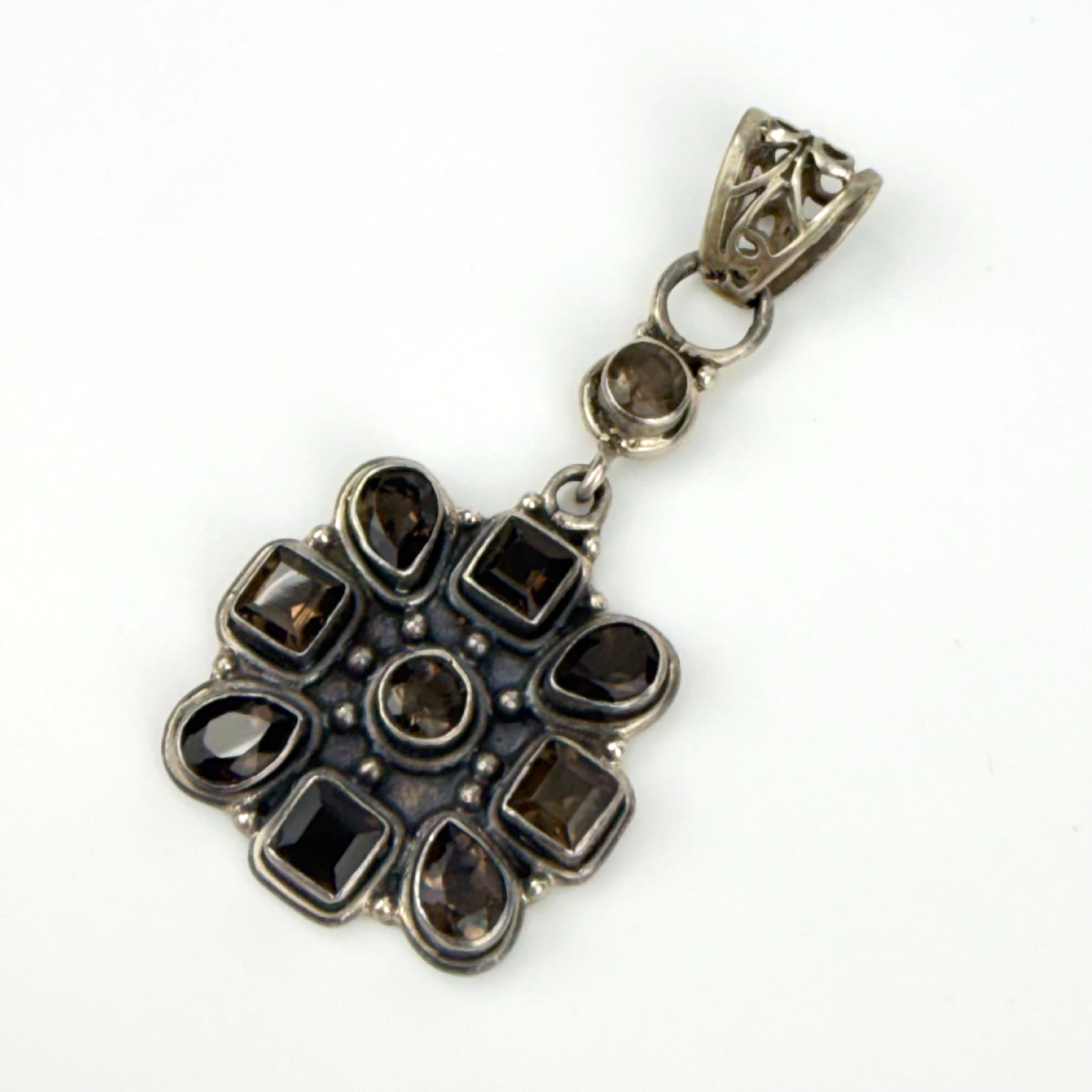 Vintage 925 Sterling Silver Natural Smoky Topaz Gemstones Pendant