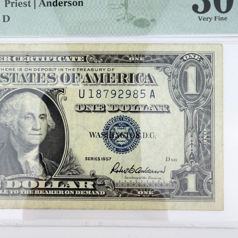 1957 $1 Silver Certificate Fr. 1619 UA Block Priest/Anderson PMG 30 U18792985A
