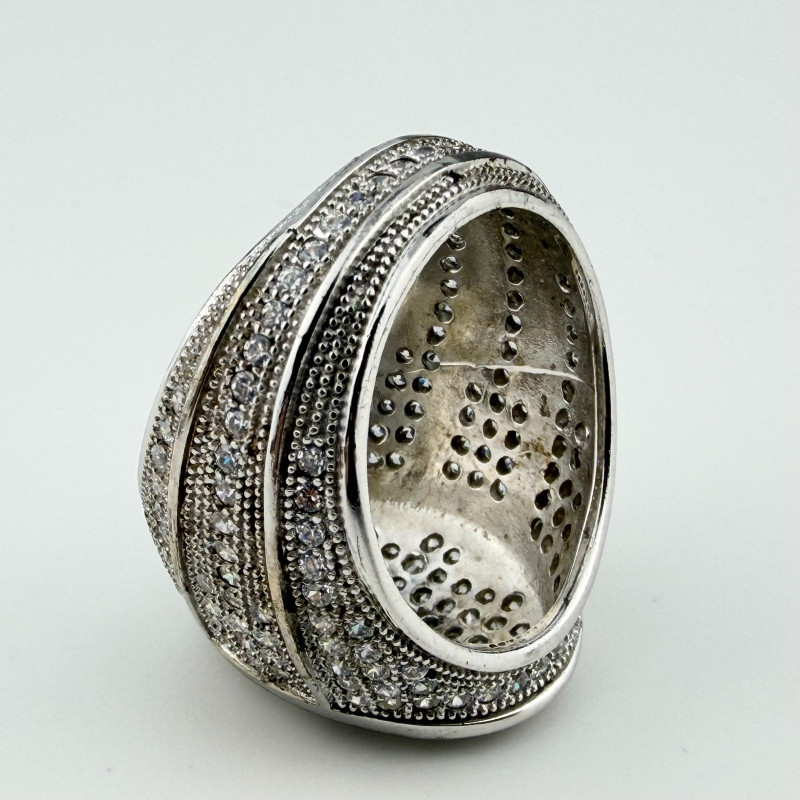 Hip Hop Ring Silver Finish With a Scattering of Cubic Zirconia Stones Size 10.25
