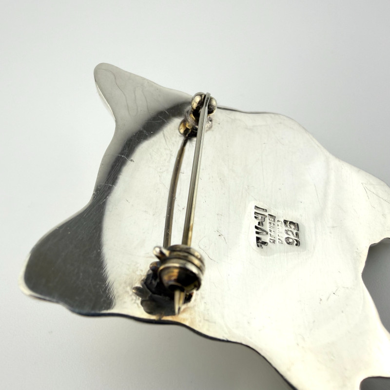 Vintage Sterling Silver Mexico Modernist Cat Brooch Pin Black Eyes circa 1980s'