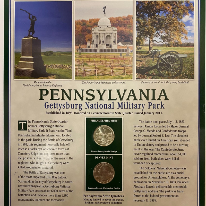 2011 Pennsylvania Gettysburg National Military Park Quarter P&D w/2 Stamps