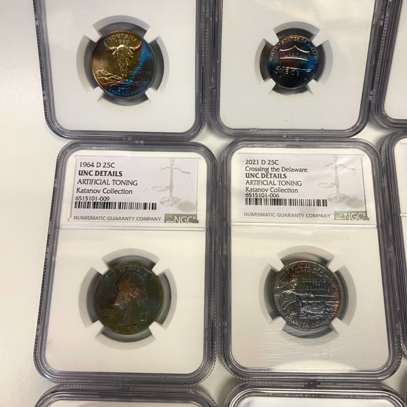 NGC UNC Details–8 Coins: Artificial Toning (7×25C, 1×10C), Altered Color (1×1C) NGC UNC Details–8 Coins: Artificial Toning (7×25C, 1×10C), Altered Color (1×1C)