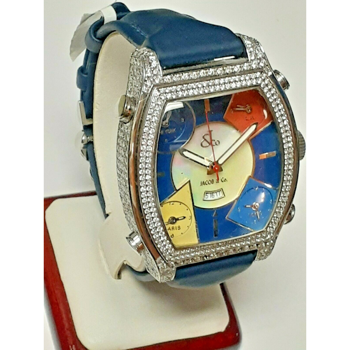 Unisex Diamond Jacob & Co Blue Leather Band Five Time Zone Quasar.