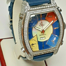 Unisex Diamond Jacob & Co Blue Leather Band Five Time Zone Quasar.