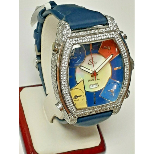 Unisex Diamond Jacob & Co Blue Leather Band Five Time Zone Quasar. Unisex Diamond Jacob & Co Blue Leather Band Five Time Zone Quasar.