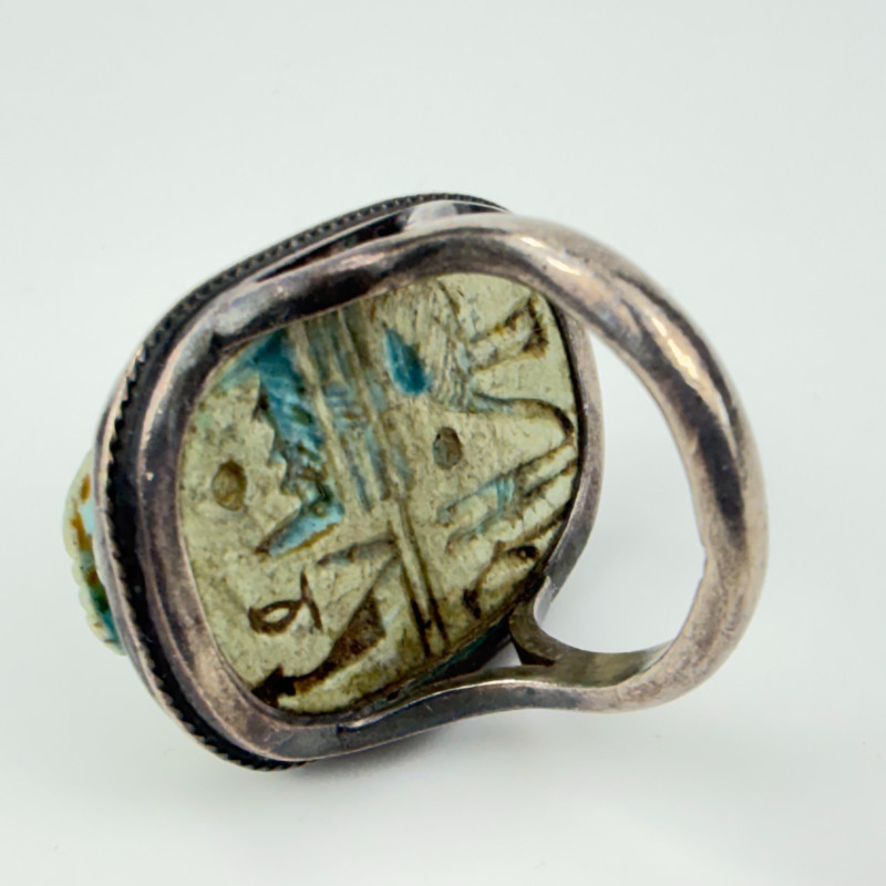 Rare Antique Large Silver Egyptian Blue Faience Scarab Hieroglyph Ring, Sz 7.25