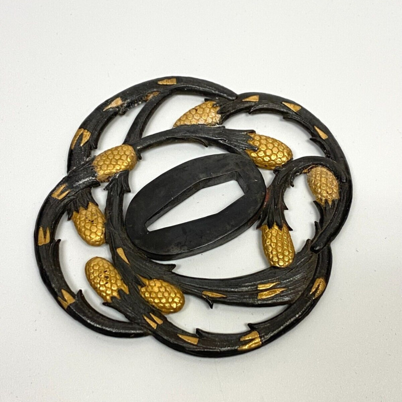 Antique Japanese Tsuba - Iron Sword Guard with Gold Inlay - Pinecone Motif Antique Japanese Tsuba - Iron Sword Guard with Gold Inlay - Pinecone Motif