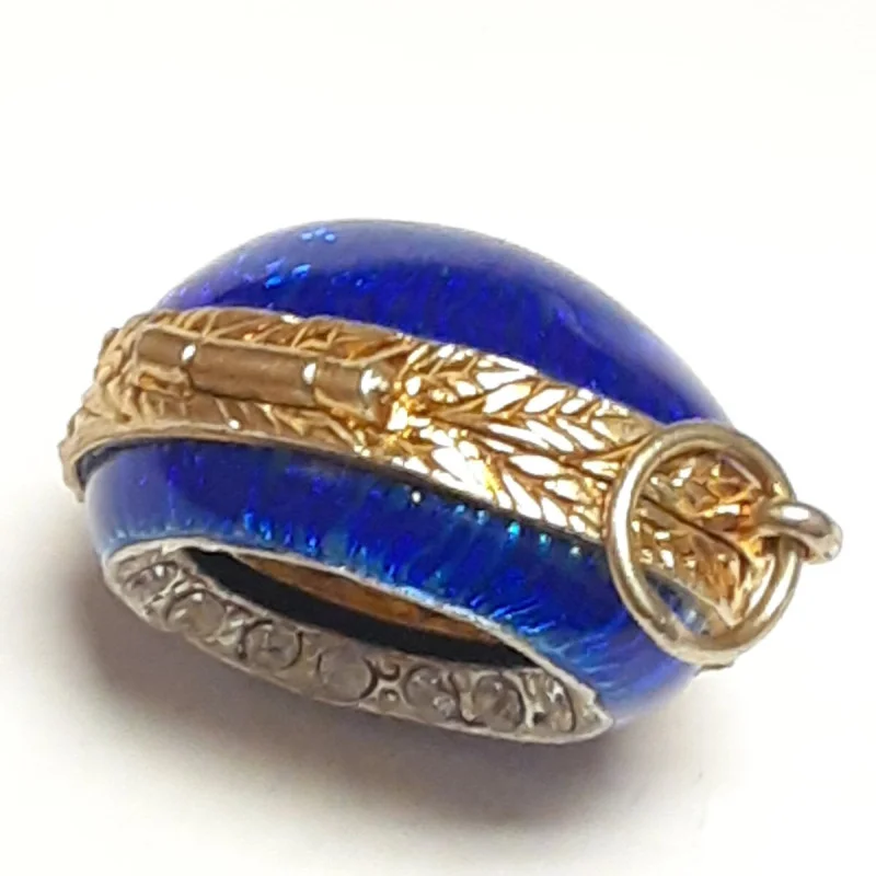 Small Antique Sterling Silver Blue  Enamel Egg  Engraved Angel Pendant