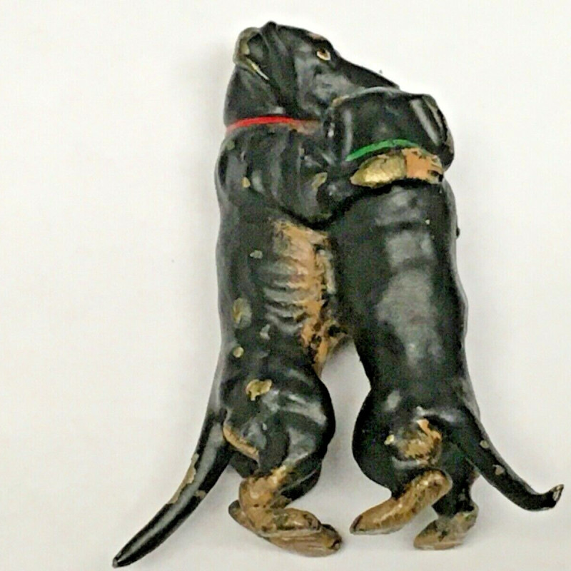 ANTIQUE TWO DOGS HUGGING FIGURI HEAVY FOR WALL CABINET BROWN