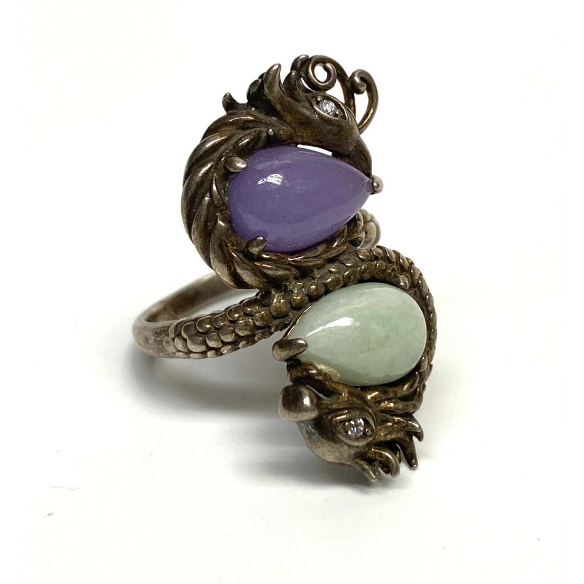 Joy Jade and White Sapphires Sterling Silver Shape Dragon Ring