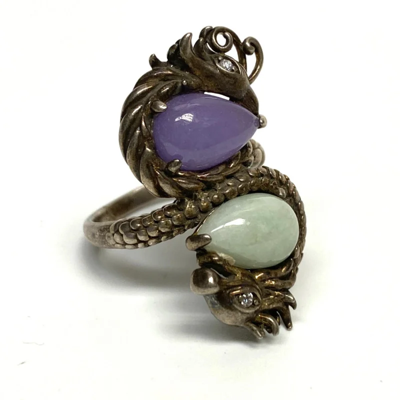 Joy Jade and White Sapphires Sterling Silver Shape Dragon Ring