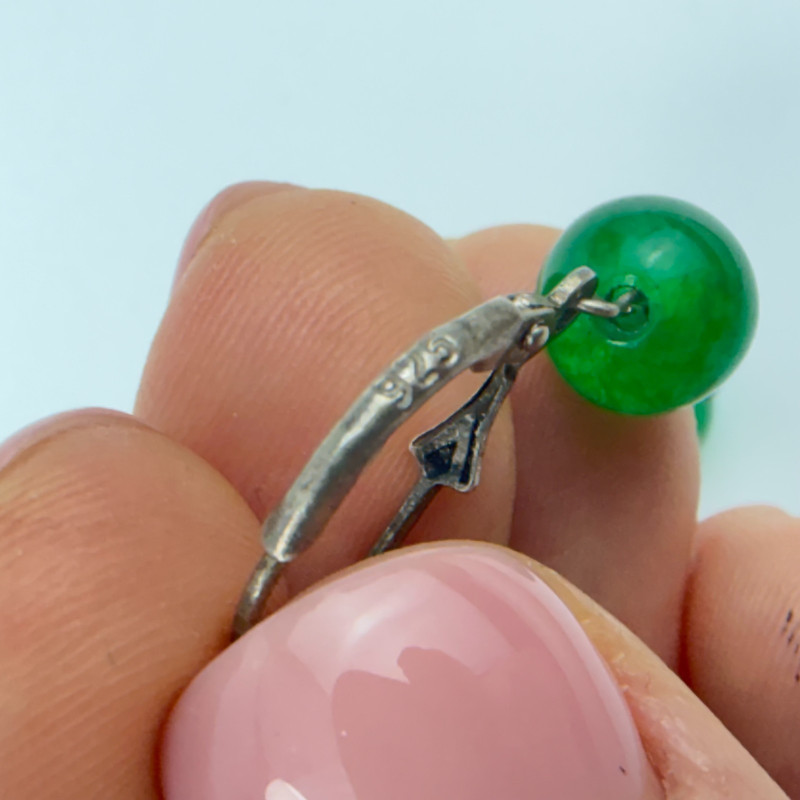 Sterling Silver Natural Green Jade Gems Round Beads Hook Earrings