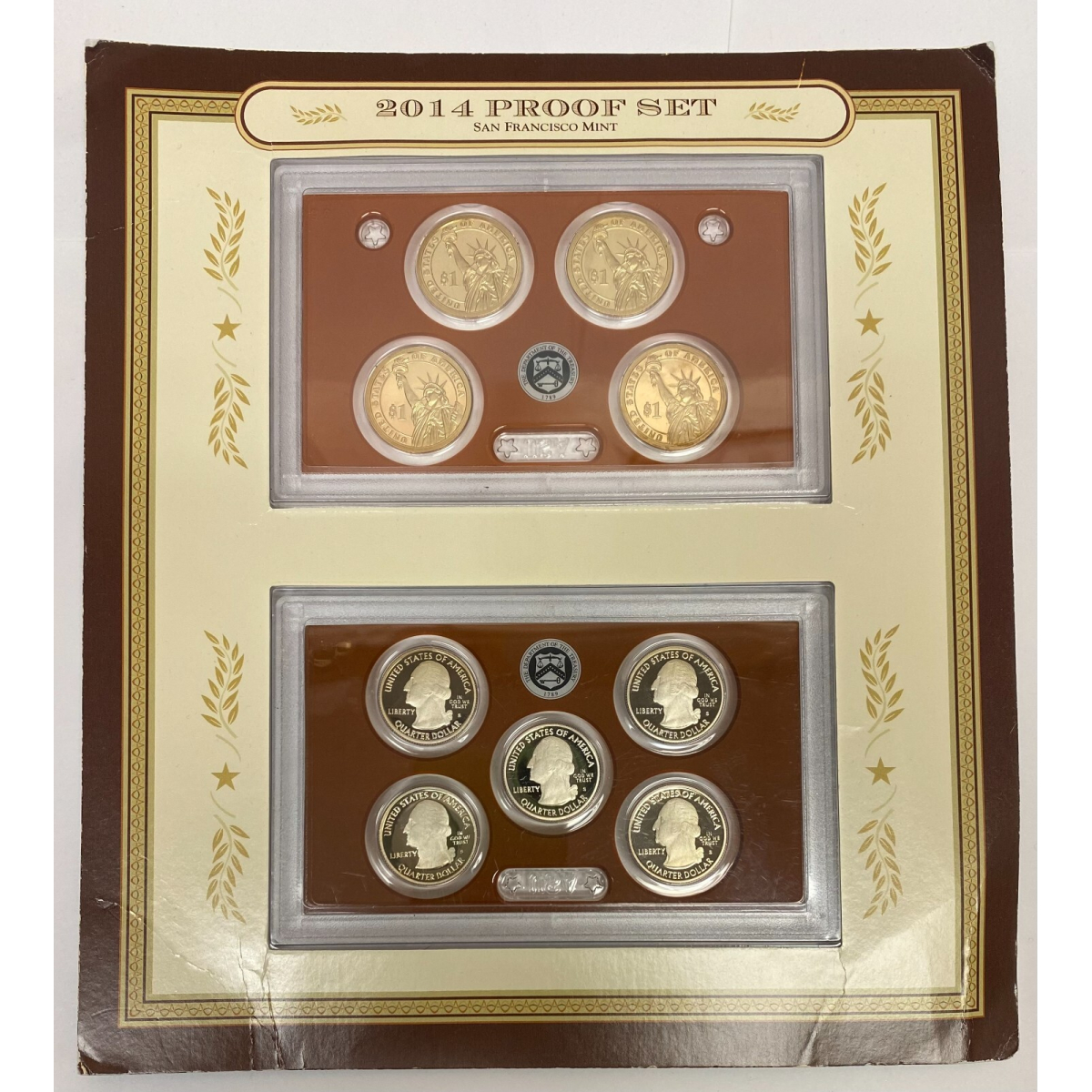 2014 Proof set San Francisco mint, 9 coins, two cases with 1$ and Quarter Dollar