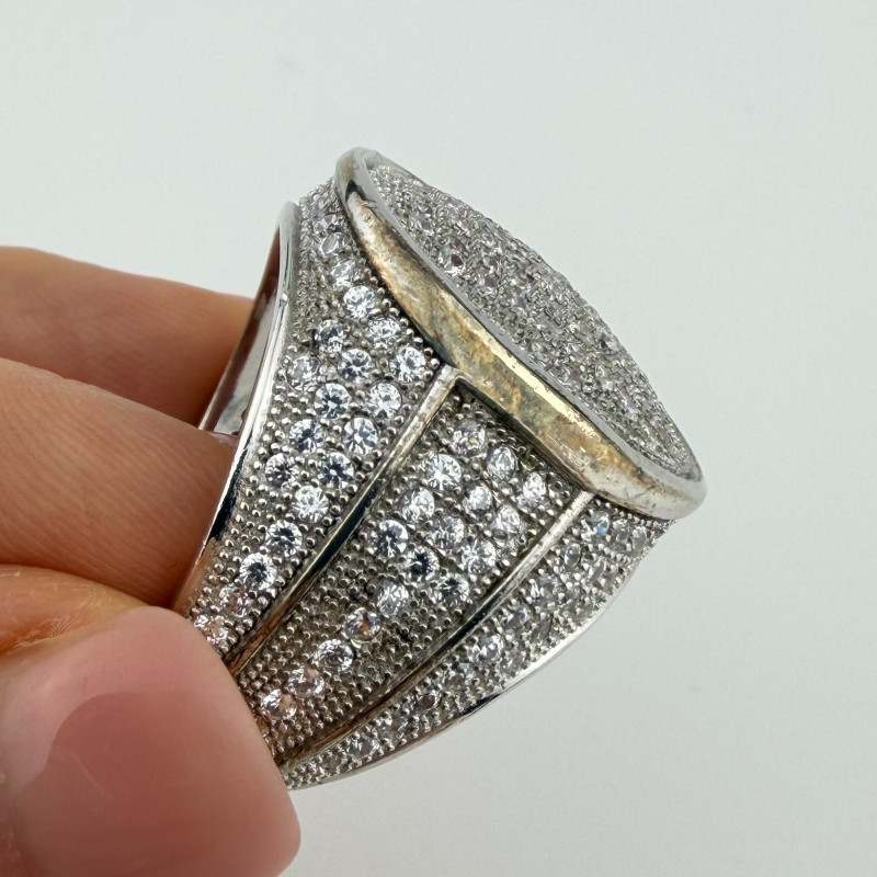 Hip Hop Ring Silver Finish With a Scattering of Cubic Zirconia Stones Size 10.25