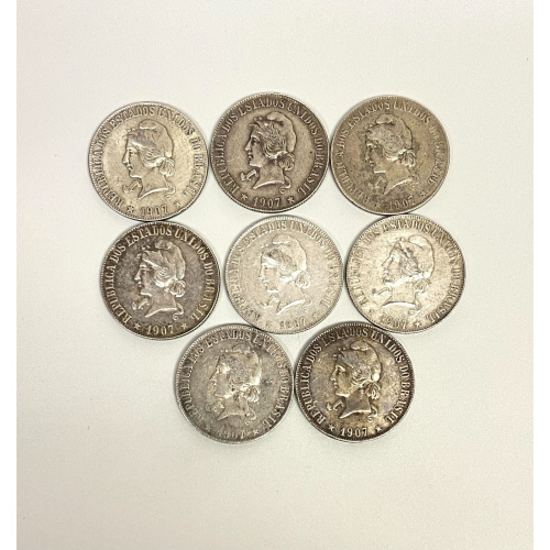 1907 Brazil 2000 Reis Set of 8 Coins Different Condition